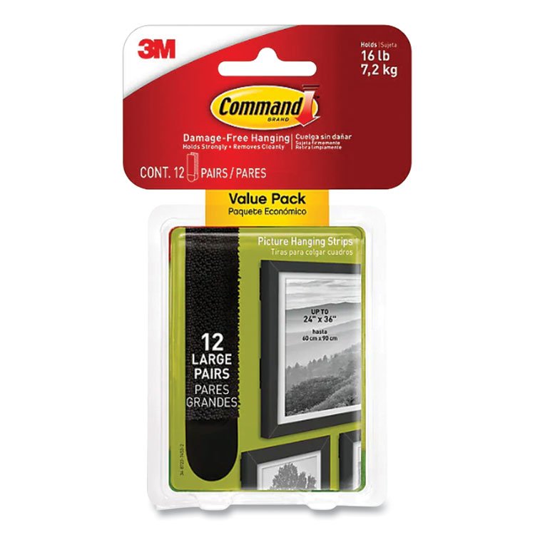 Command Bath Picture Hanging Strips, Large, Removable, Holds Up to 4 lbs per Pair, 0.75 x 3.65, Black, 12 Pairs/Pack (MMM17206BLK12ES)