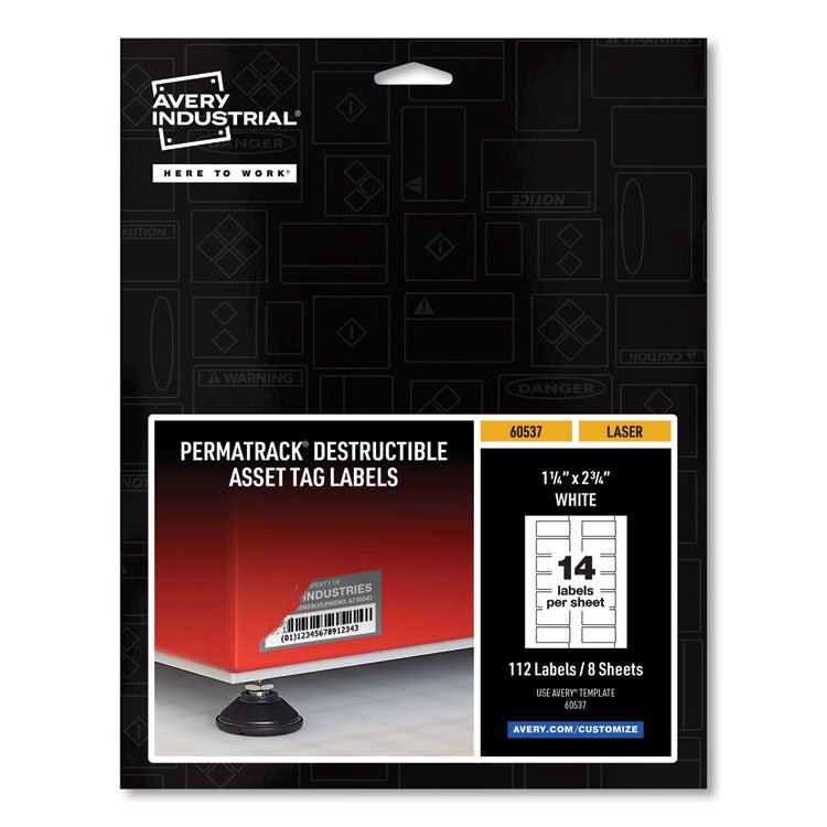 Avery PermaTrack Destructible Asset Tag Labels, Laser Printers, 1.25 x 2.75, White, 14/Sheet, 8 Sheets/Pack (AVE60537)