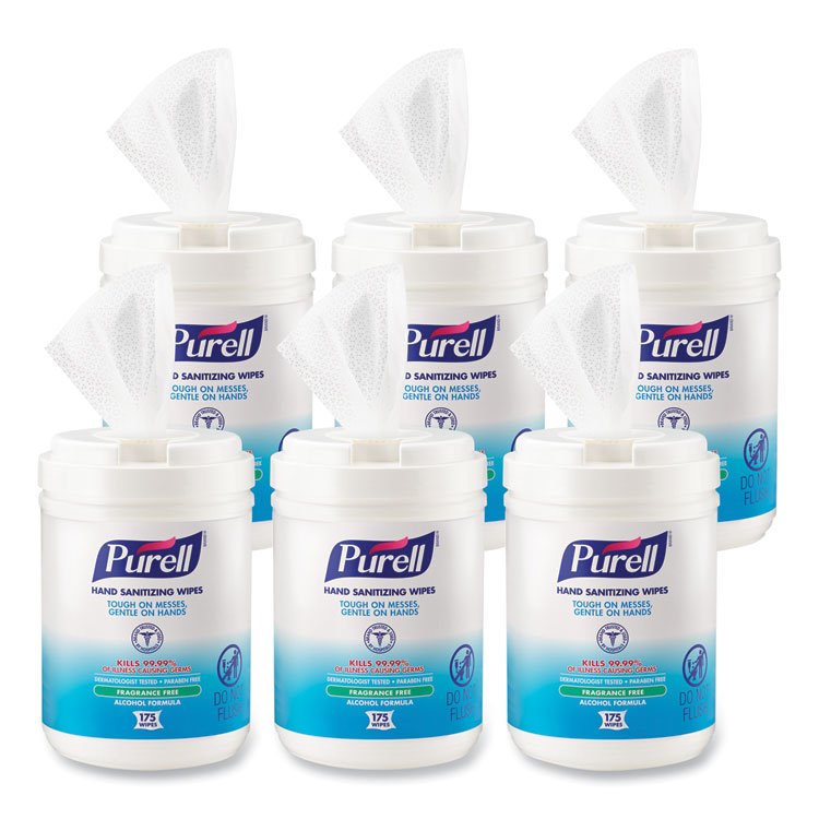 PURELL Hand Sanitizing Wipes Alcohol Formula, 6 x 7, Unscented, White, 175/Canister, 6 Canisters/Carton (GOJ903106)