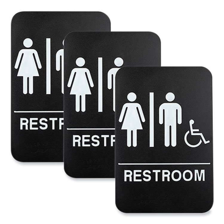 Excello Global Products Indoor/Outdoor Restroom Sign with Braille Text and Wheelchair, 6" x 9", Black Face, White Graphics, 3/Pack (EXOHD0036S)