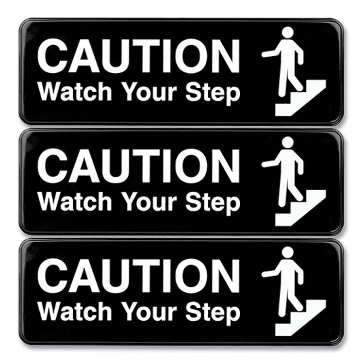 Excello Global Products Caution Watch Your Step Indoor/Outdoor Wall Sign, 9" x 3", Black Face, White Graphics, 3/Pack (EXOHD0268S)
