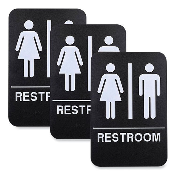 Excello Global Products Indoor/Outdoor Restroom with Braille Text, 6" x 9", Black Face, White Graphics, 3/Pack (EXOHD0275S)