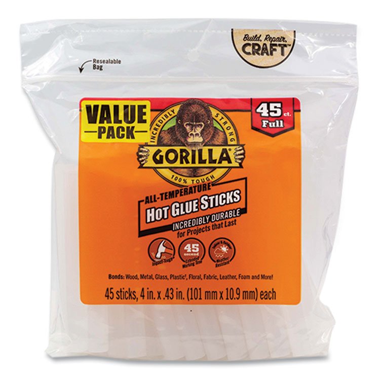 Gorilla Hot Glue Sticks, 0.43" dia x 4", Dries Clear, 45/Pack (GOR3034502)