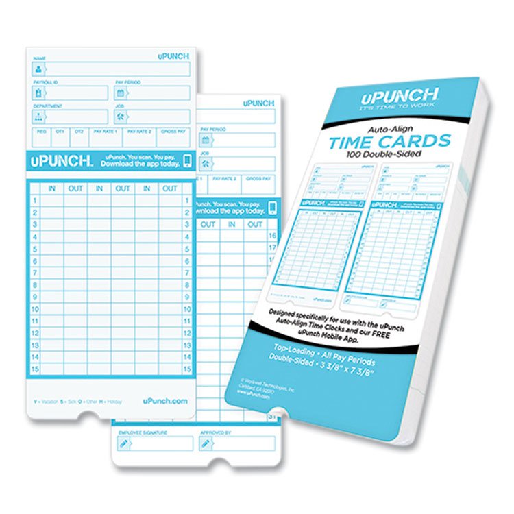 uPunch Pay-to-Punch Time Card for SB1200 Time Clock, Two Sides, 3.38 x 7.38, 100/Pack (PPZCB1100)