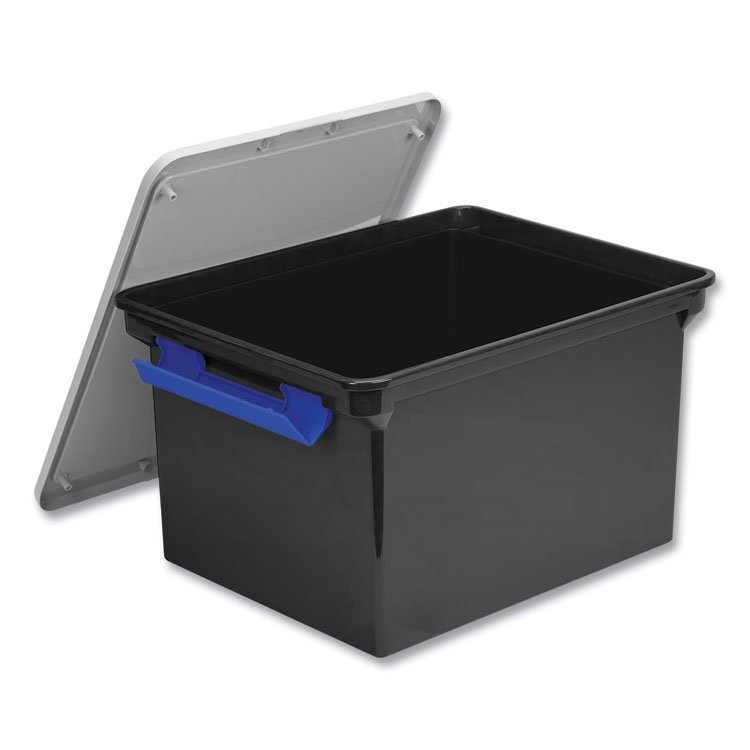 Storex Tote with Locking Handles, Legal/Letter, 13.9" x 18.3 x 10.6", Black/Silver/Blue, 4/Carton (STX61543U04C)