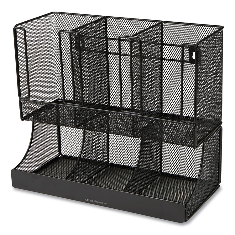 Mind Reader Network Collection 2-Tier 6-Compartment Coffee Cup and Condiment Countertop Organizer, 5 x 13 x 11.5, Black (EMSUPMESHBLK)