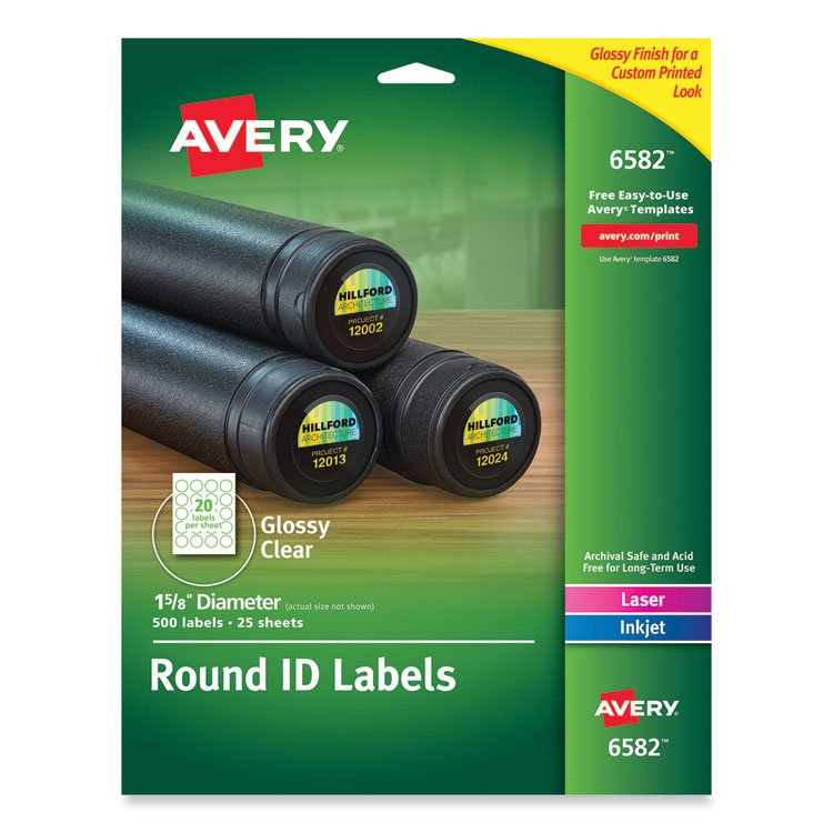Avery Round Print-to-the Edge Labels with SureFeed and EasyPeel, 1.67" dia, Glossy Clear, 500/PK (AVE6582)