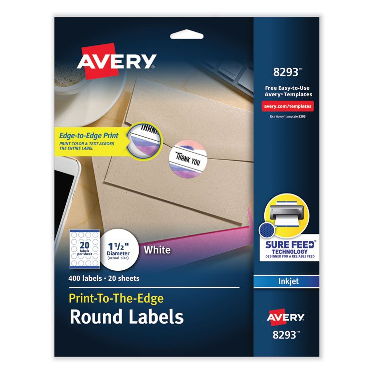 Avery Vibrant Inkjet Color-Print Labels w/ Sure Feed, 1.5" dia, White, 400/PK (AVE8293)