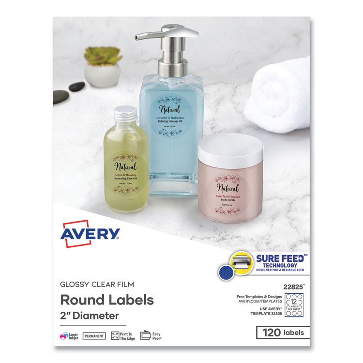 Avery Round Print-to-the Edge Labels with Sure Feed and Easy Peel, 2" dia, Glossy Clear, 120/PK (AVE22825)
