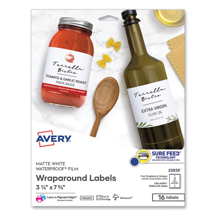 Avery Durable Water-Resistant Wraparound Labels w/ Sure Feed, 3.25 x 7.75, 16/PK (AVE22835)