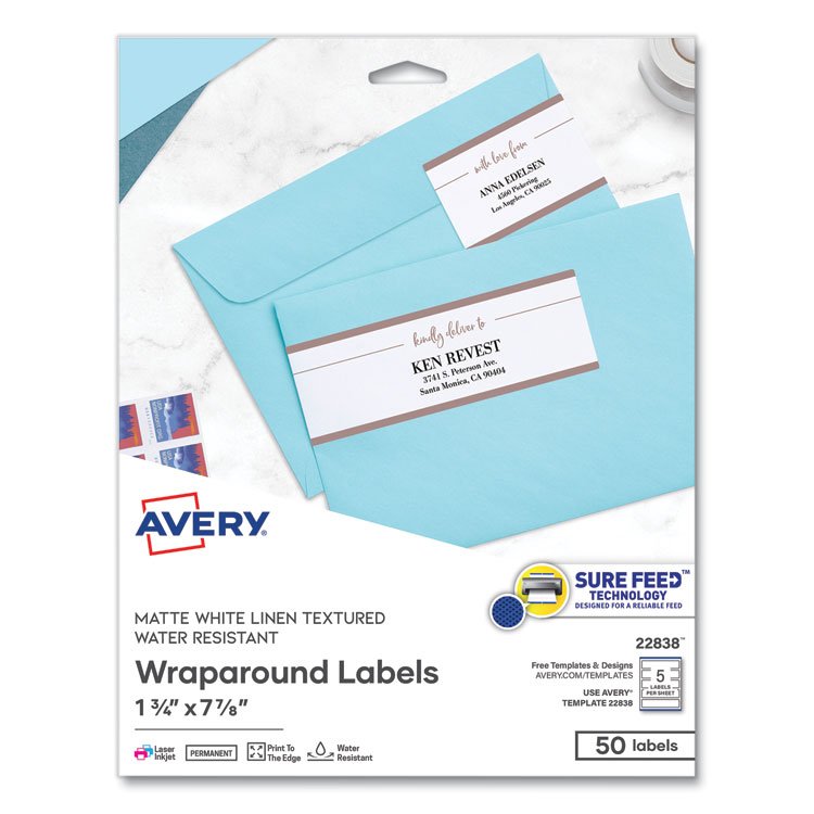 Avery Rectangle Labels, Inkjet/Laser Printers, 7.85 x 1.75, Textured White, 5/Sheet, 10 Sheets/Pack (AVE22838)