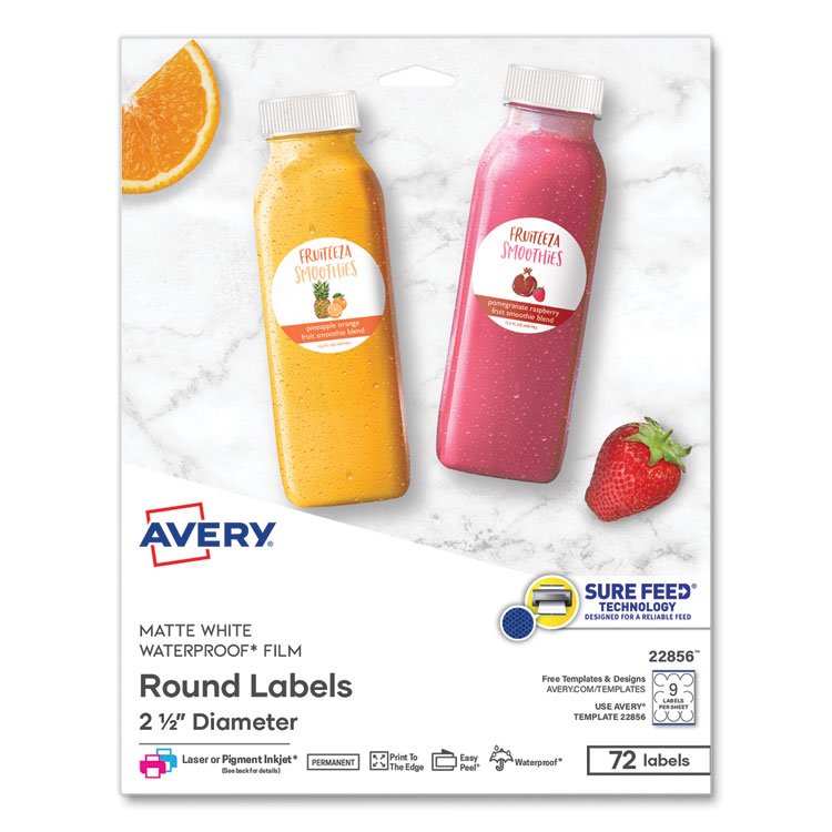 Avery Durable White ID Labels w/ Sure Feed, 2.5" dia, White, 72/Pk (AVE22856)