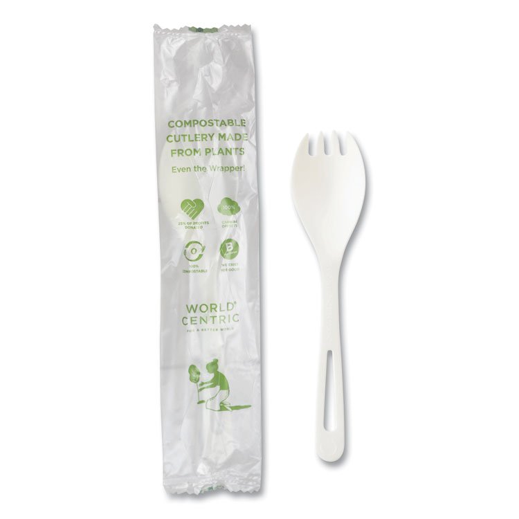 World Centric TPLA Compostable Cutlery, Spork, Plastic, White, 750/Carton (WORRKPSI)