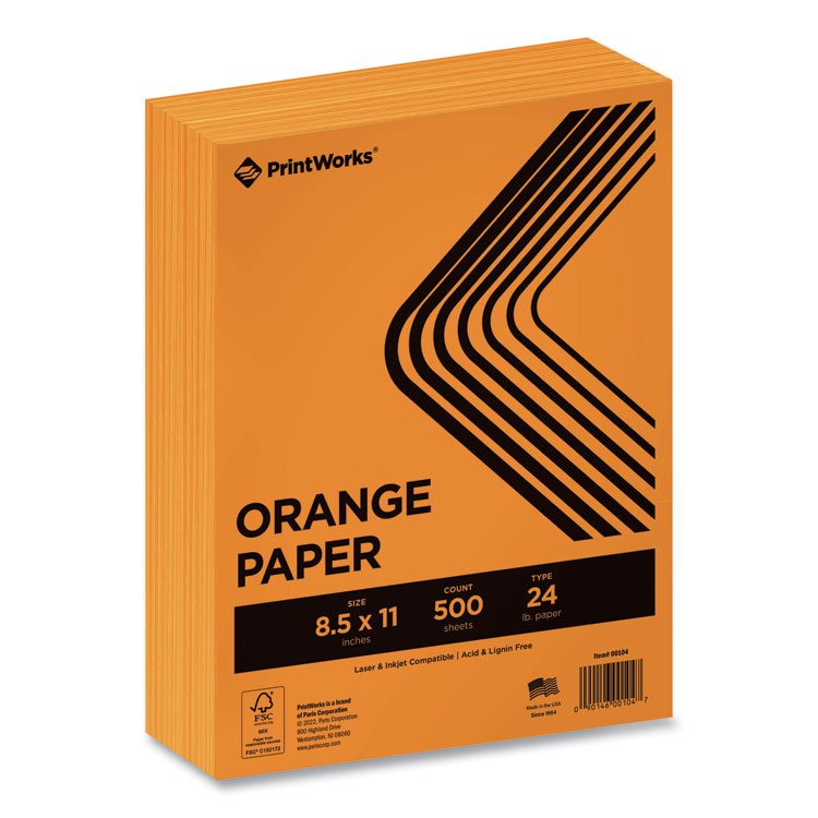 PrintWorks Professional Color Paper, 24 lb Text Weight, 8.5 x 11, Orange, 500/Ream (PRB00104)