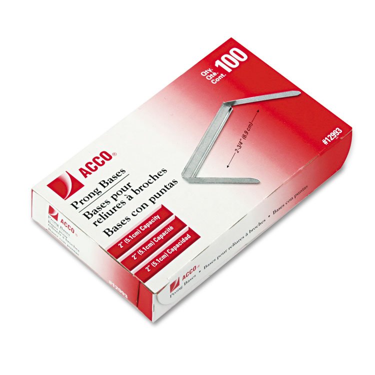 ACCO Standard Two-Piece Two-Prong Paper Fastener Bases, 2" Capacity, 2.75" Center to Center, Silver, 100/Box (ACC12993)