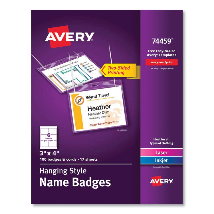 Avery Necklace-Style Badge Holder w/Laser/Inkjet Insert, Top Load, 4 x 3, WE, 100/Box (AVE74459)