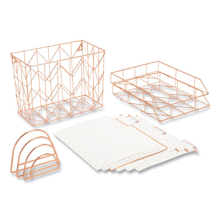 U Brands Letter-Size Desktop Fashion Filing Set, Rose Gold, (1) Rack, (3) Hanging Folders, (3) File Folders, (2) Trays,(1) Mail Sorter (UBR2104U0001)