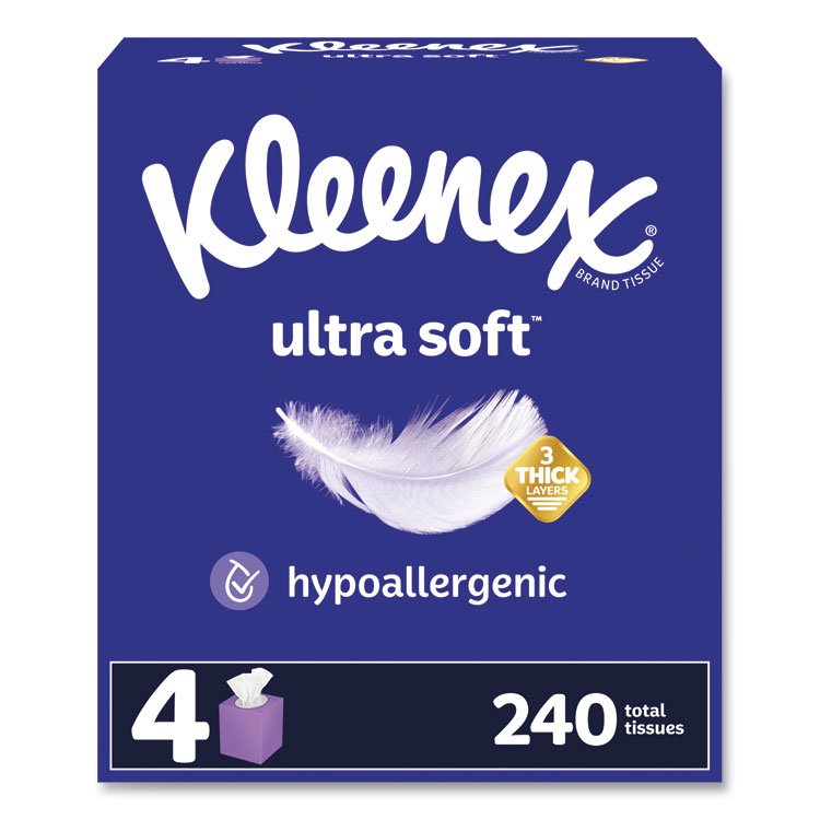 Kleenex Ultra Soft Facial Tissue, 3-Ply, White, 60 Sheets/Box, 4 Boxes/Pack, 12 Packs/Carton (KCM54308)