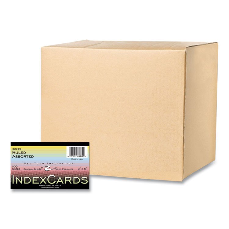 Roaring Spring Colored Index Cards, 3 x 5, Assorted Colors, 100/Pack, 36 Packs/Carton (ROA83369CS)
