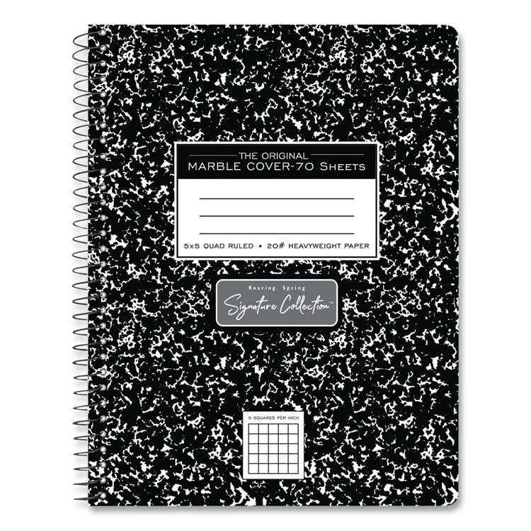 Roaring Spring Spring Signature Composition Notebook, Quadrille Rule (5 sq/in), Black Marble Cover, (70) 9.75 x 7.5 Sheets, 24/Carton (ROA10113CS)
