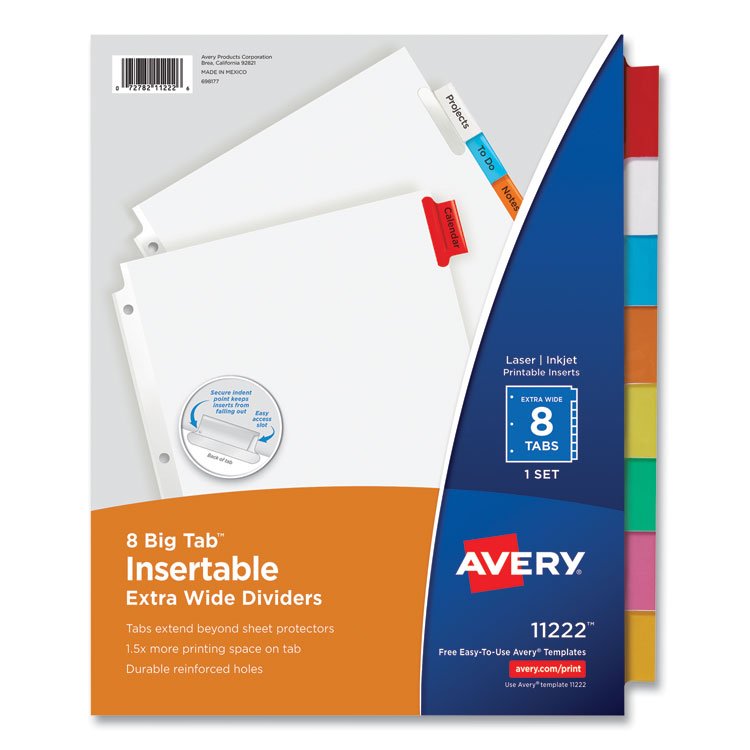 Avery Insertable Big Tab Dividers, 8-Tab, 11.13 x 9.25, White, Assorted Tabs, 1 Set (AVE11222)