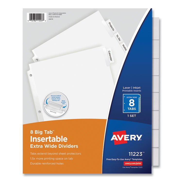 Avery Insertable Big Tab Dividers, 8-Tab, 11.13 x 9.25, White, Clear Tabs, 1 Set (AVE11223)