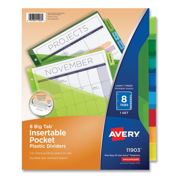 Avery Insertable Big Tab Plastic 1-Pocket Dividers, 8-Tab, 11.13 x 9.25, Assorted, 1 Set (AVE11903)