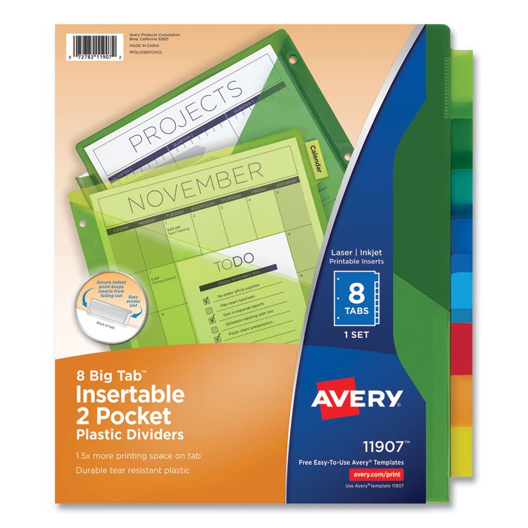 Avery Insertable Big Tab Plastic 2-Pocket Dividers, 8-Tab, 11.13 x 9.25, Assorted, 1 Set (AVE11907)