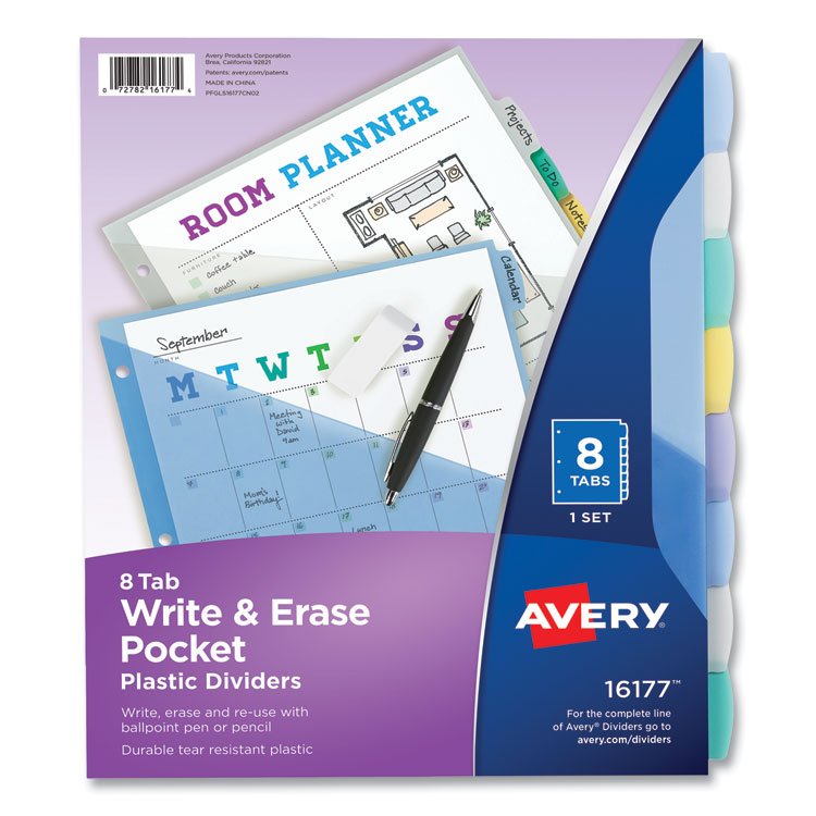 Avery Write and Erase Durable Plastic Dividers with Slash Pocket, 3-Hold Punched, 8-Tab, 11.13 x 9.25, Assorted, 1 Set (AVE16177)