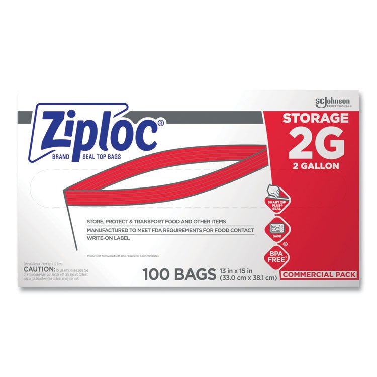 Ziploc Double Zipper Storage Bags, 2 Gallon, 15" x 13", Clear, 100/Carton (SJN682253)