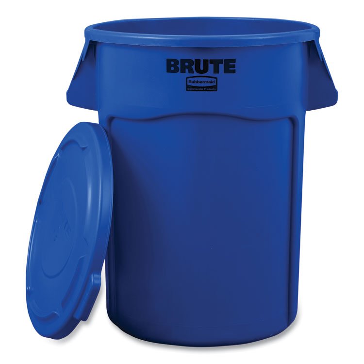 Rubbermaid Commercial BRUTE Self-Draining Flat Top Lids, for 44-gal Round Brute Container, 24.5 dia, Blue, 4/Carton (RCP1779636CT1)