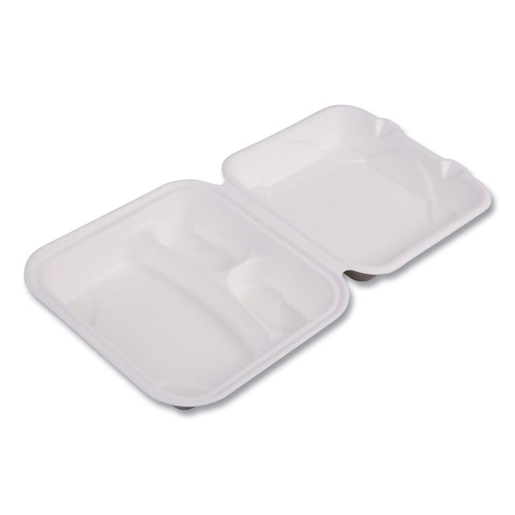 Eco-Products Vanguard Renewable and Compostable Sugarcane Clamshells, 3 Compartments, 8 x 8 x 3, White, 200/Carton (ECOEPHC83NFA)
