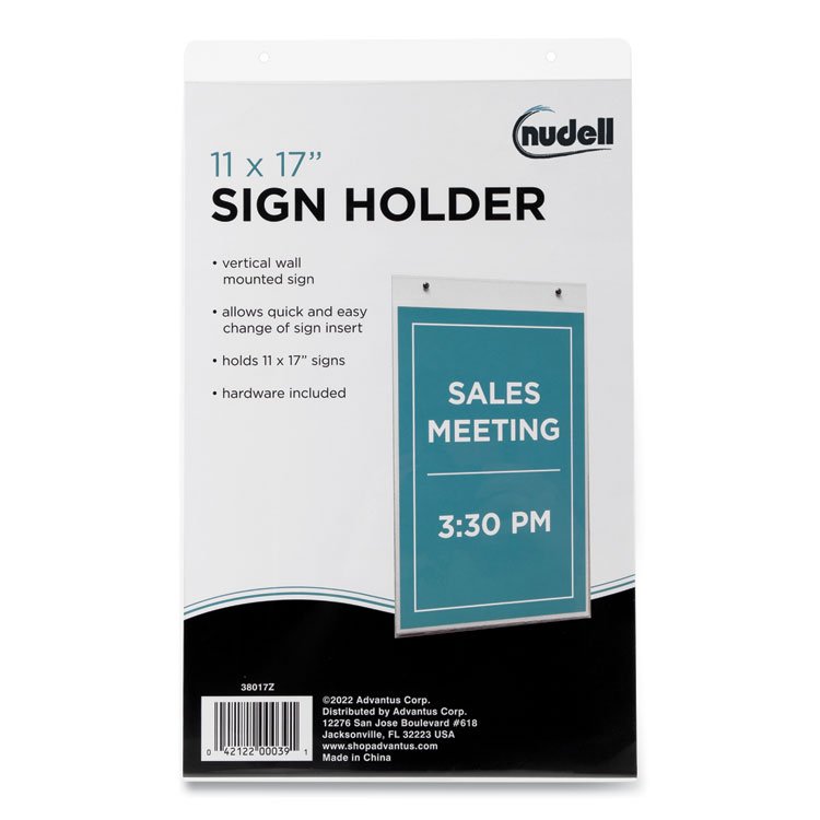 NuDell Clear Plastic Vertical-Orientation Wall Sign Holder with Mounting Screws, Quick-Change Insert System, 11 x 17 Insert (NUD38017Z)