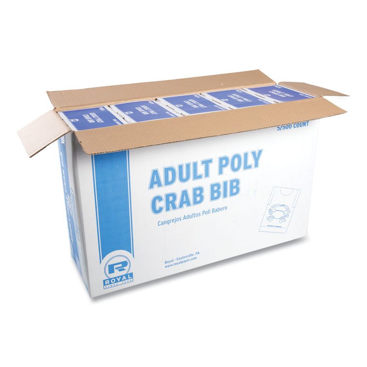 AmerCareRoyal Heavyweight Poly Aprons, Crab Design, One Size Fits All, White/Red, 500/Box, 5 Boxes/Carton (RPPPB24)