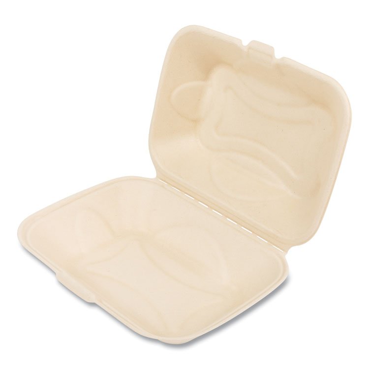 Boardwalk Bagasse PFAS-Free Food Containers, Hoagie/Hinged Lid, 6 x 3 x 9, Tan, Sugarcane, 250/Carton (BWKHINGE96NPFA)