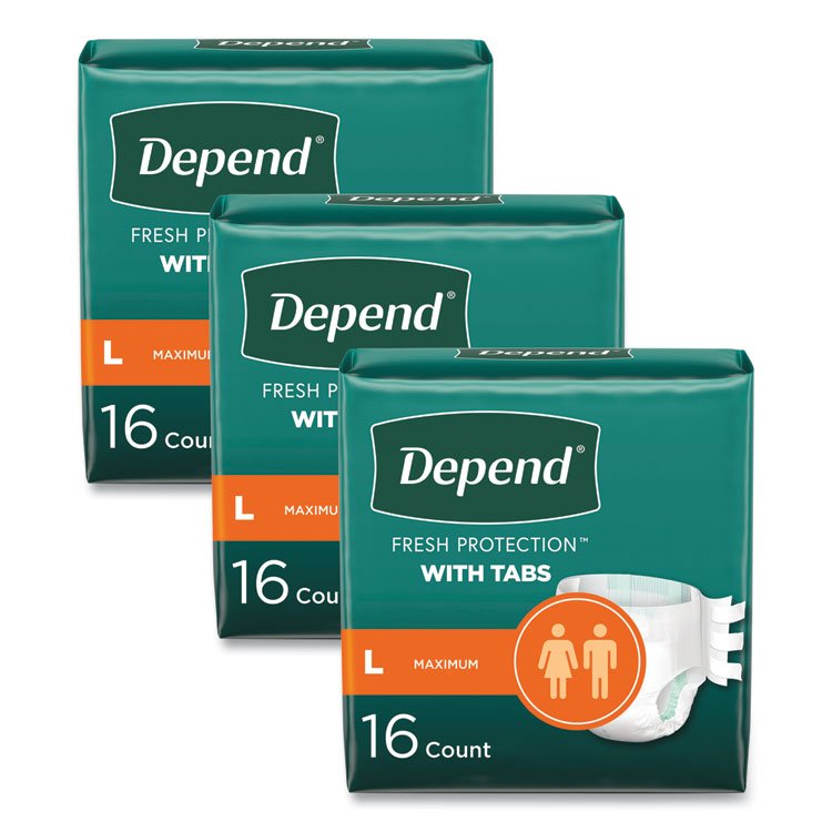 Depend Incontinence Protection with Tabs, 35" to 49" Waist, 16/Pack, 3 Packs/Carton (KCM35458)