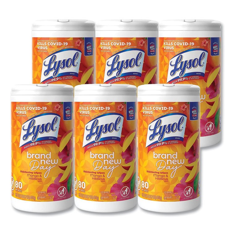 LYSOL Brand Disinfecting Wipes, 1-Ply, 7 x 7.25, Mango and Hibiscus, White, 80 Wipes/Canister, 6 Canisters/Carton (RAC97181)