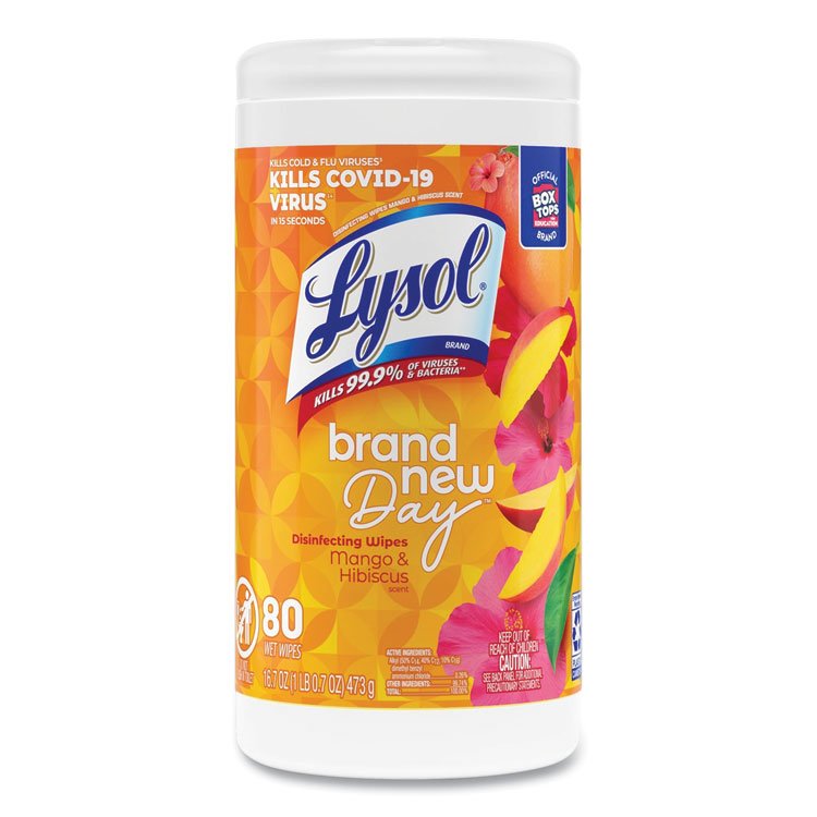 LYSOL Brand Disinfecting Wipes, 1-Ply, 7 x 7.25, Mango and Hibiscus, White, 80 Wipes/Canister (RAC97181EA)