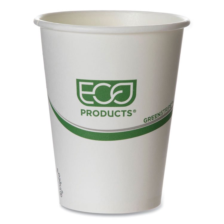 Eco-Products GreenStripe Renewable and Compostable Hot Cups, 12 oz, Paper, White/Green, 50/Pack, 20 Packs/Carton (ECOEPBHC12GS)