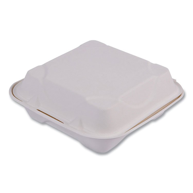 Eco-Products Vanguard Renewable and Compostable Sugarcane Clamshells, 8 x 8 x 3, White, 200/Carton (ECOEPHC81NFA)