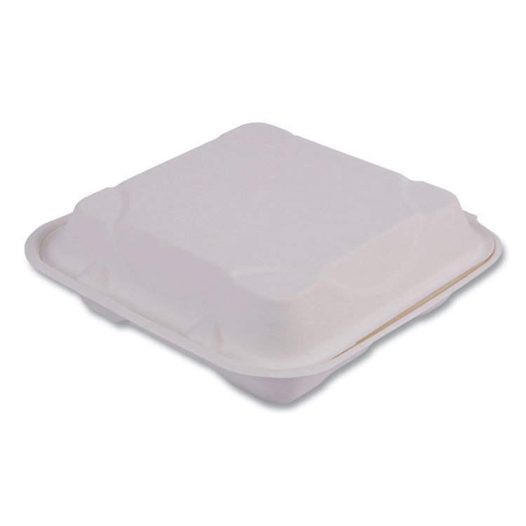 Eco-Products Vanguard Renewable and Compostable Sugarcane Clamshells, 3 Compartments, 9 x 9 x 3, White, 200/Carton (ECOEPHC93NFA)