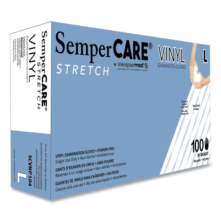 SemperCare Stretch Vinyl Examination Gloves, Powder-Free, Large, 5 mil Thick, 9.45" Long, Cream, 100/Box, 10 Boxes/Carton (SEZSCVNP104)