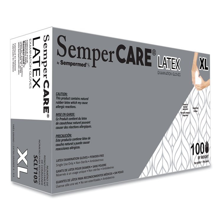 SemperCare Latex Examination Gloves, Powder-Free, X-Large, 5 mil Thick, 9.45" Long, Cream, 100/Box (SEZSCLT105BX)