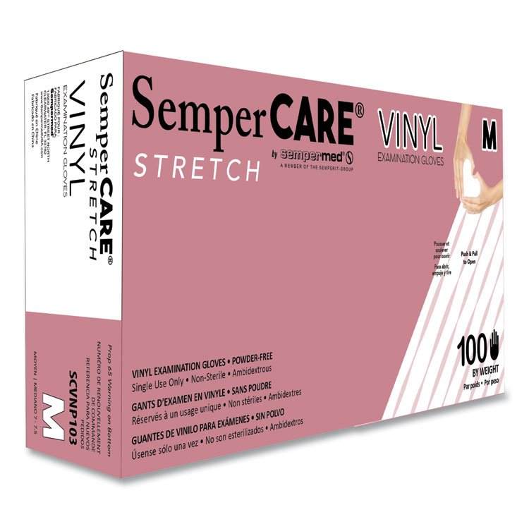 SemperCare Stretch Vinyl Examination Gloves, Powder-Free, Medium, 5 mil Thick, 9.45" Long, Cream, 100/Box, 10 Boxes/Carton (SEZSCVNP103)