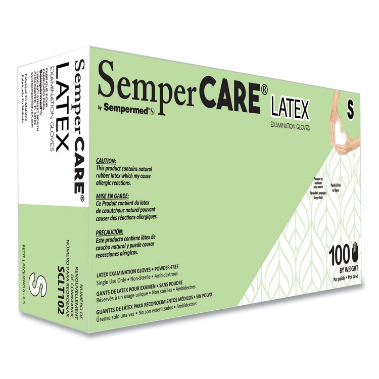 SemperCare Latex Examination Gloves, Powder-Free, Small, 5 mil Thick, 9.45" Long, Cream, 100/Box, 10 Boxes/Carton (SEZSCLT102)
