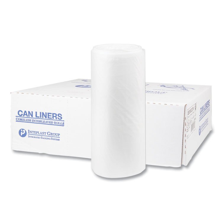 Inteplast Group High-Density Commercial Can Liners, 60 gal, 22 mic, 38" x 60", Clear, Interleaved Roll, 25 Bags/Roll, 6 Rolls/Carton (IBSS386022N)