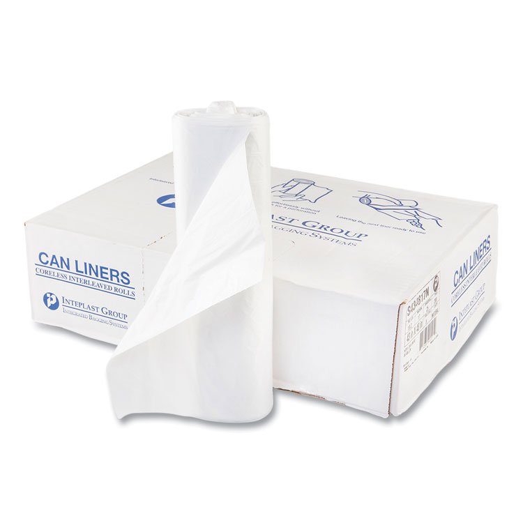 Inteplast Group High-Density Commercial Can Liners, 56 gal, 17 mic, 43" x 48", Clear, Interleaved Roll, 25 Bags/Roll, 8 Rolls/Carton (IBSS434817N)
