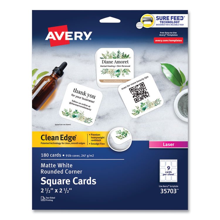Avery Square Clean Edge Cards with Sure Feed Technology, Laser, 2.5 x 2.5, White, 9 Cards/Sheet, 20 Sheets/Pack (AVE35703)