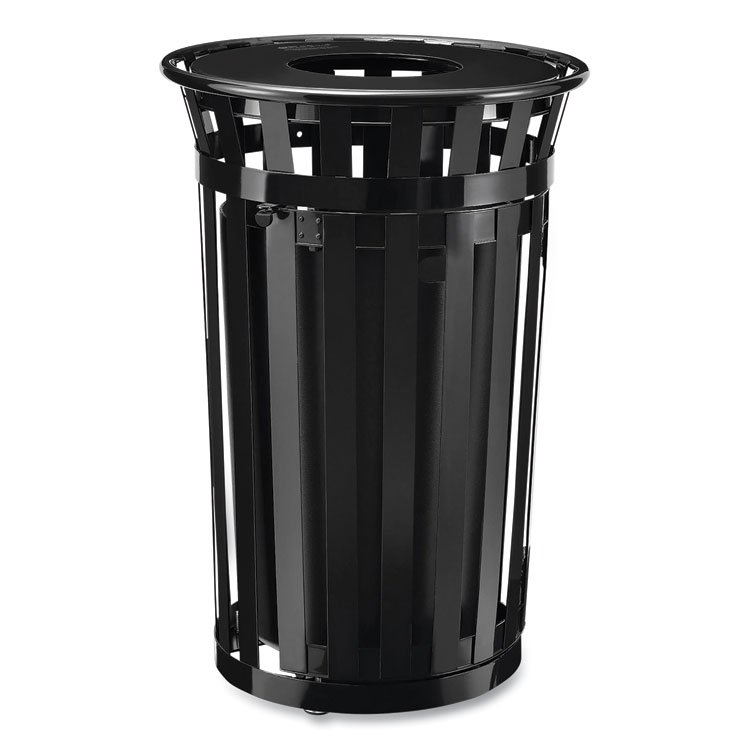 Global Industrial Outdoor Slatted Steel Trash Can, With Access Door, 36 gal, Steel Black (GBE261940BK)