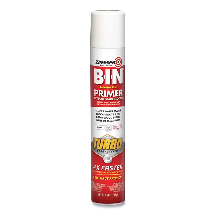 Zinsser BIN Aerosol Primer with Turbo Spray System, Interior, Flat White, 26 oz Aerosol Can, 6/Carton (RST356880)